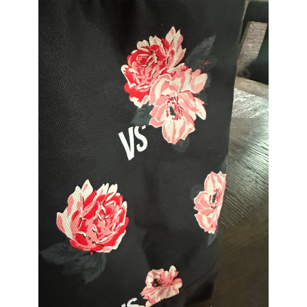 Victorias Secret Black Floral Tote Bag Pink Roses Print 12" Tall weekender - Image 2