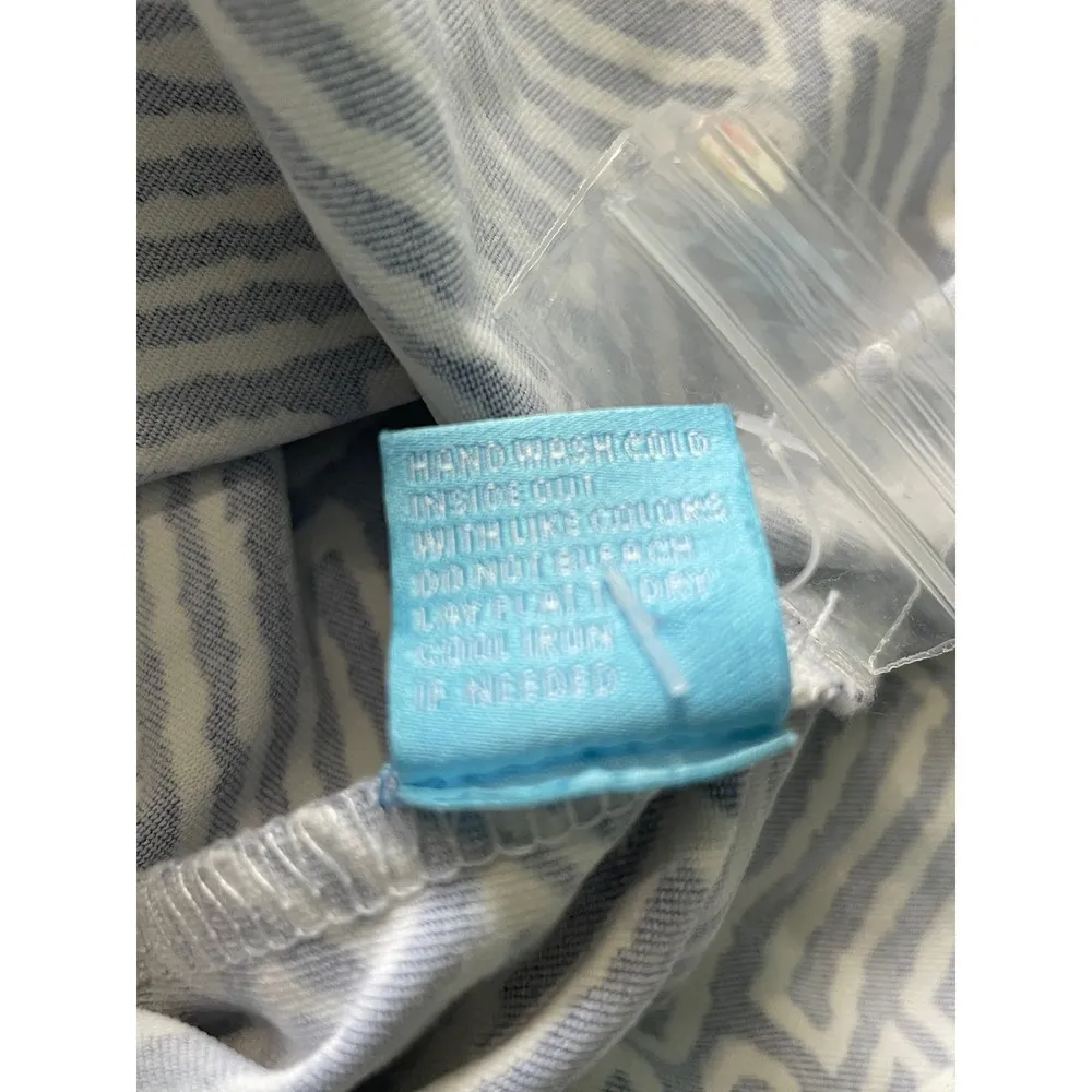 J McLaughlin Blue White Geometric Print Shift Dress Chambray Trim Size Large - Image 10