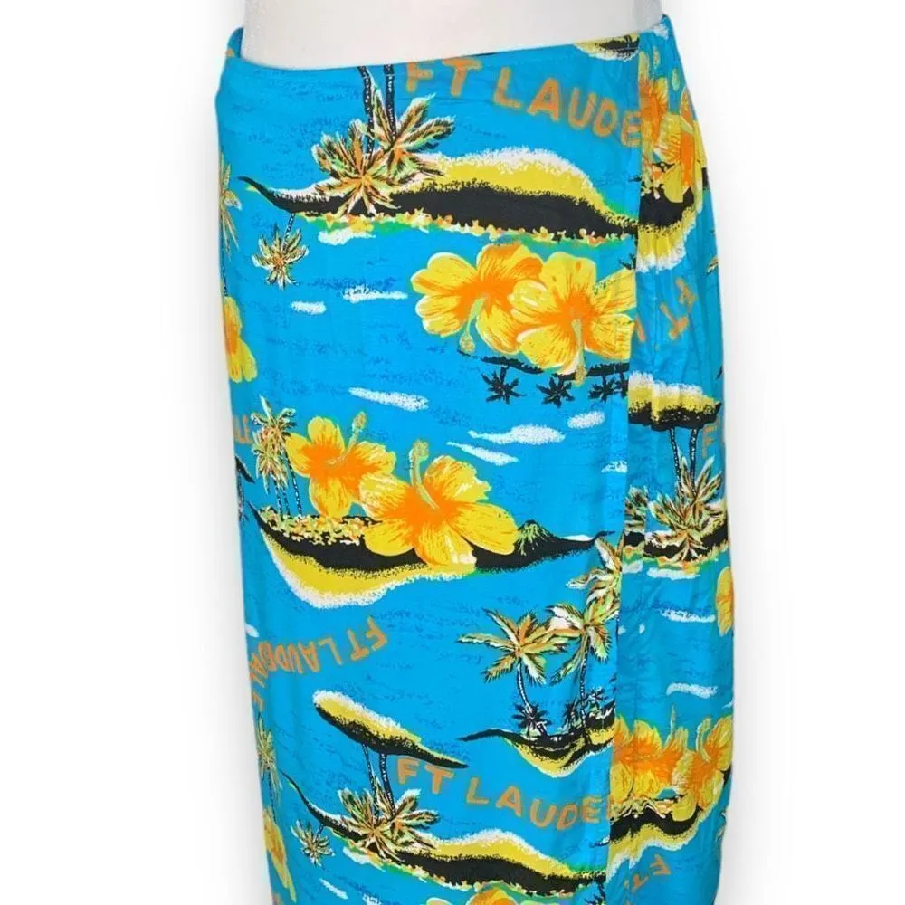 Vintage Island Planet Wrap Skirt Column Blue Yellow Tropical Palm Floral Detail Size M - Image 2