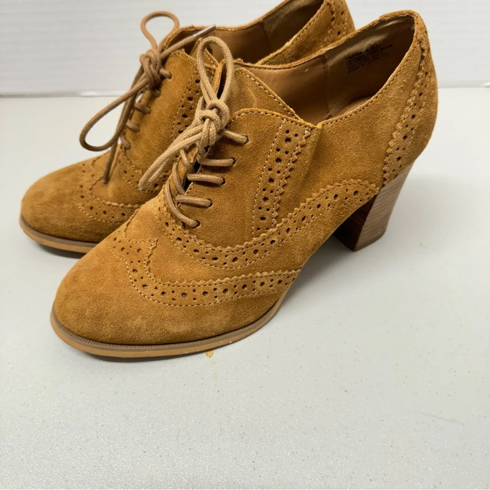 Steve Madden Tan Leather Oxford Lace Up Boots Women’s 6.5 Stacked Heel Booties - Image 5