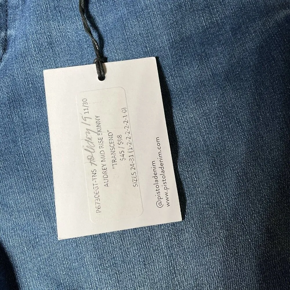 PISTOLA Audrey Mid Rise Skinny Transcend Blue Stretch Raw Split Hem Jeans 27 - Image 4