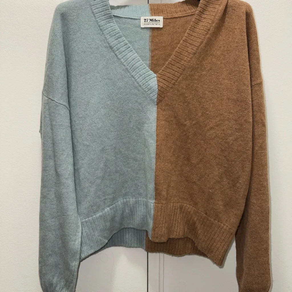$339 Revolve Simone Color Block Cashmere Sweater Lagoon & Mocha 27 MILES MALIBU Gray Size M - Image 4
