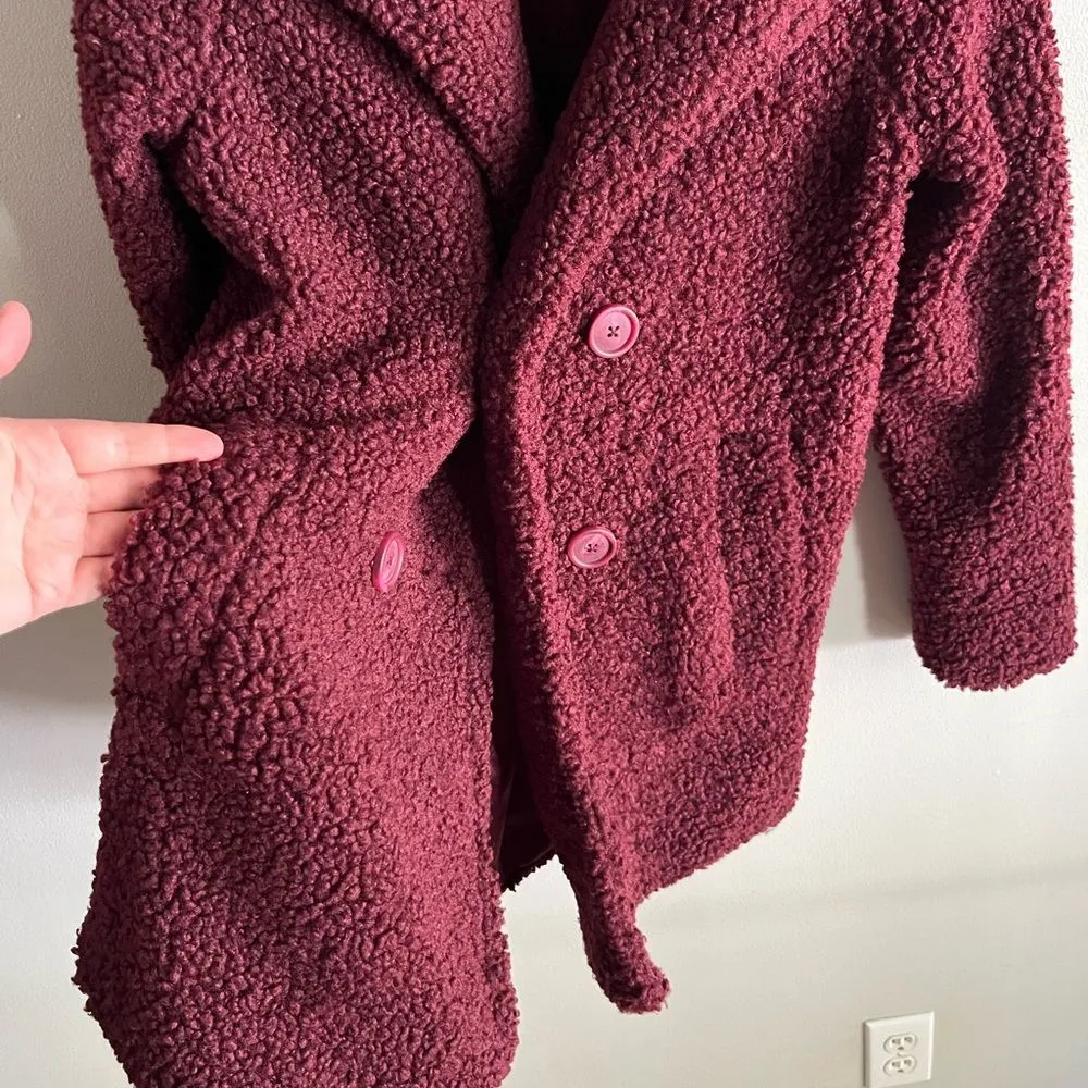 Hot Kiss Burgundy Faux Sherpa Teddy Coat Jacket Size S Double Breasted cozy - Image 5