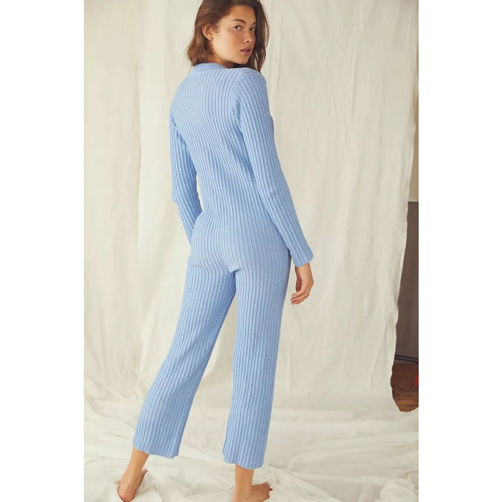 Rue Stiic Phoenix Ribbed Knit Sky Blue Jumpsuit Medium Collared Pockets Lounge - Image 2