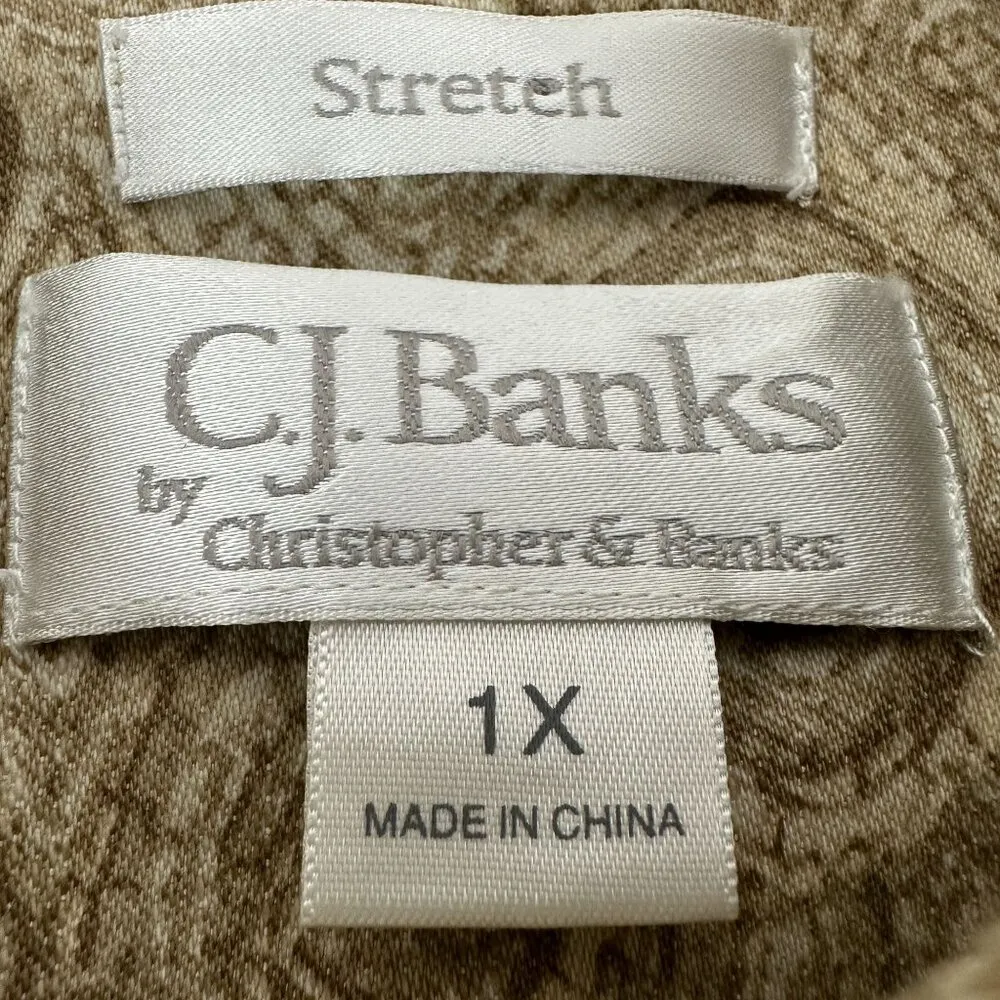 CJ Banks Women's Stretch Button-Up Shirt 1X Cotton/Polyester Beige Pattern - Image 3