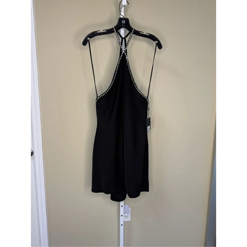 Mac Duggal NWT Rhinestone Detailed Low Back Halter Mini Dress in Black Size M - Image 4