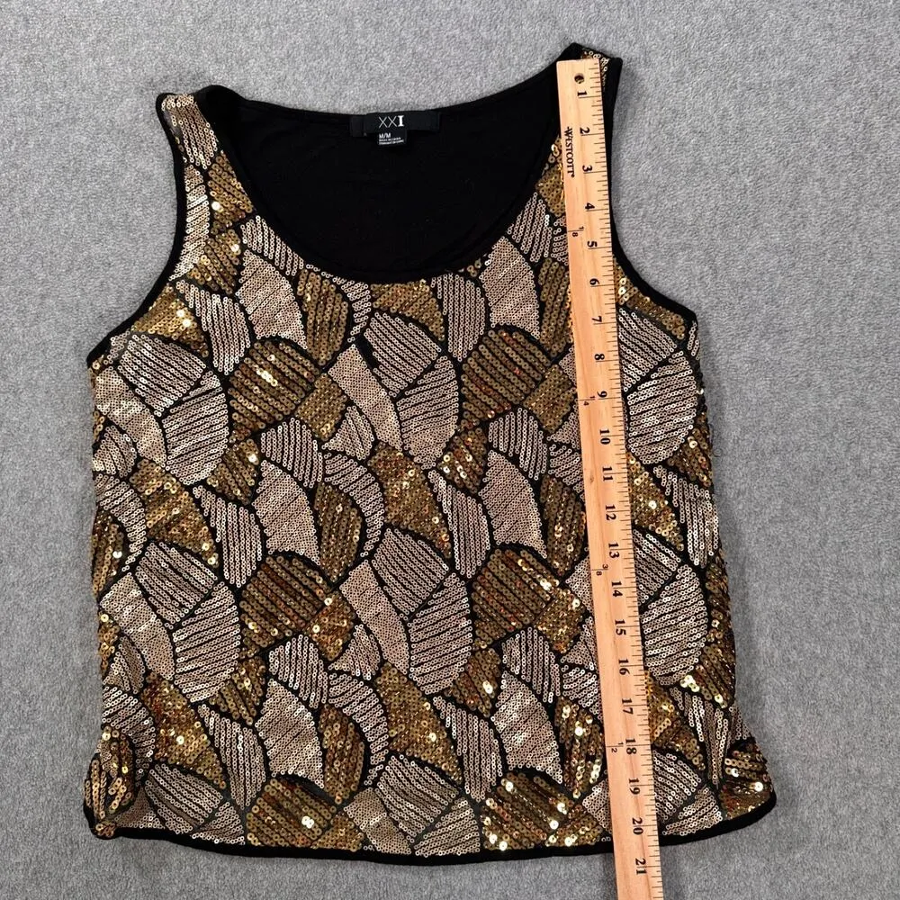 Forever 21 Gold Sequin Tank Top Size Large Medium Black Sheer - Image 2