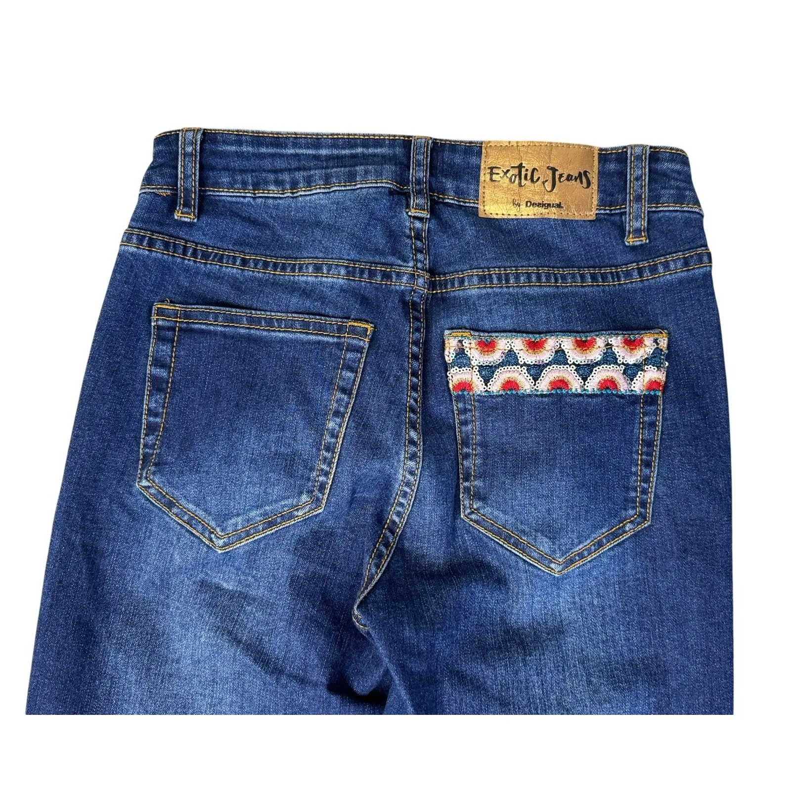 DESIGUAL Exotic Sequin Embroidered Metallic Floral Zip Ankle Skinny Jeans Sz 24 - Image 9