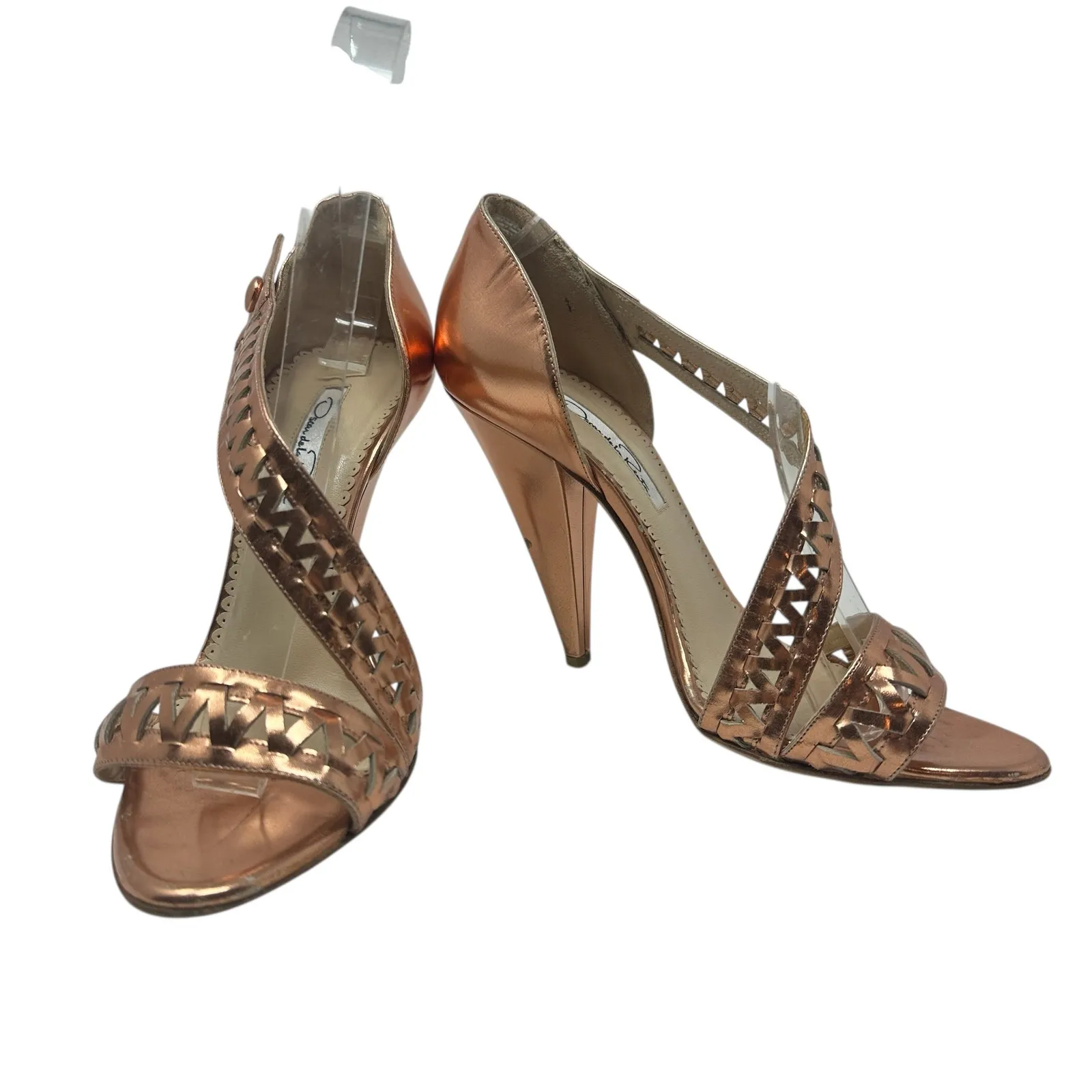 Oscar de la Renta High Heel Sandals Leather Braided Metallic Rose Gold 37 US 7‎ - Image 6