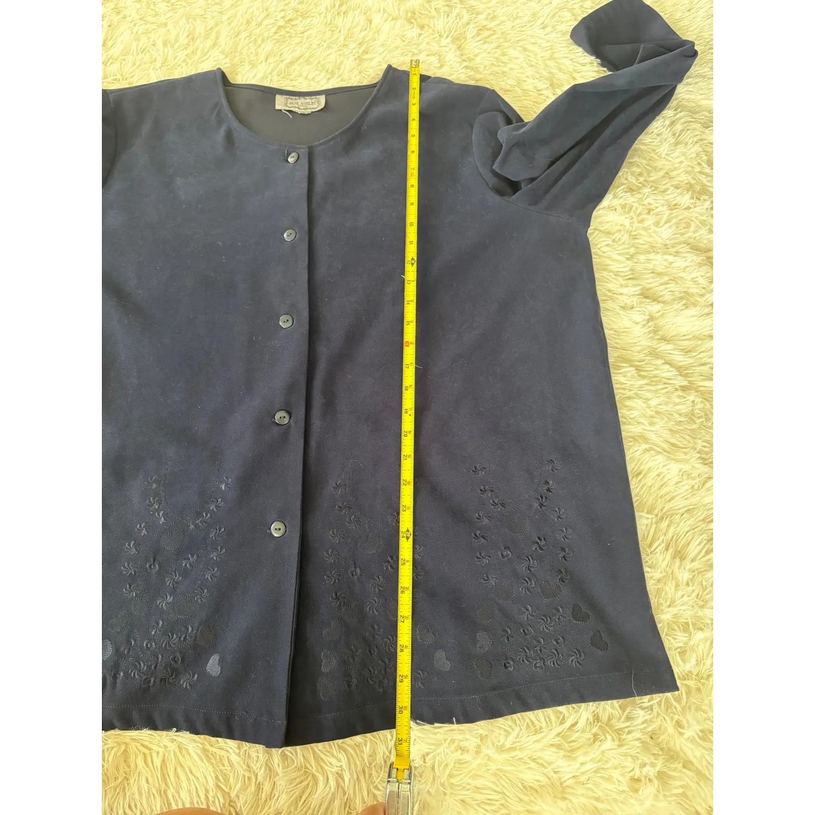 Jane Ashley Navy Blue Button Down Tunic‎ Top Long Sleeve Laser Cut Details - Image 6