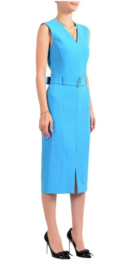 Hugo Boss Women’s “Dadorina” Bright Blue V-Neck Belted Sleeveless Pencil Dress - Image 2