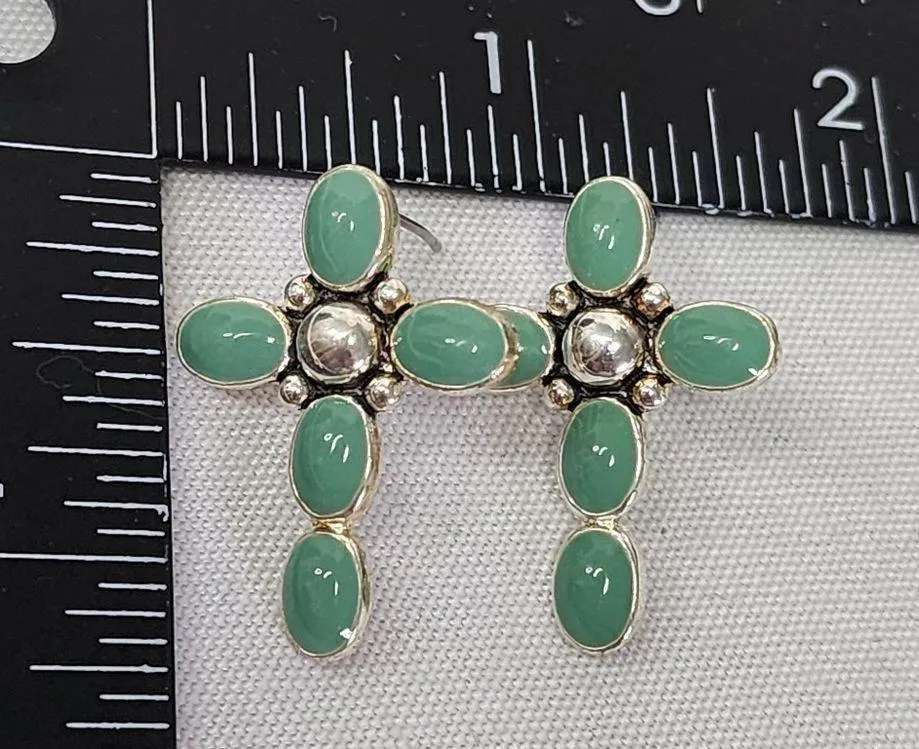 Boho Silver and Green Cross Earrings New - Image 5