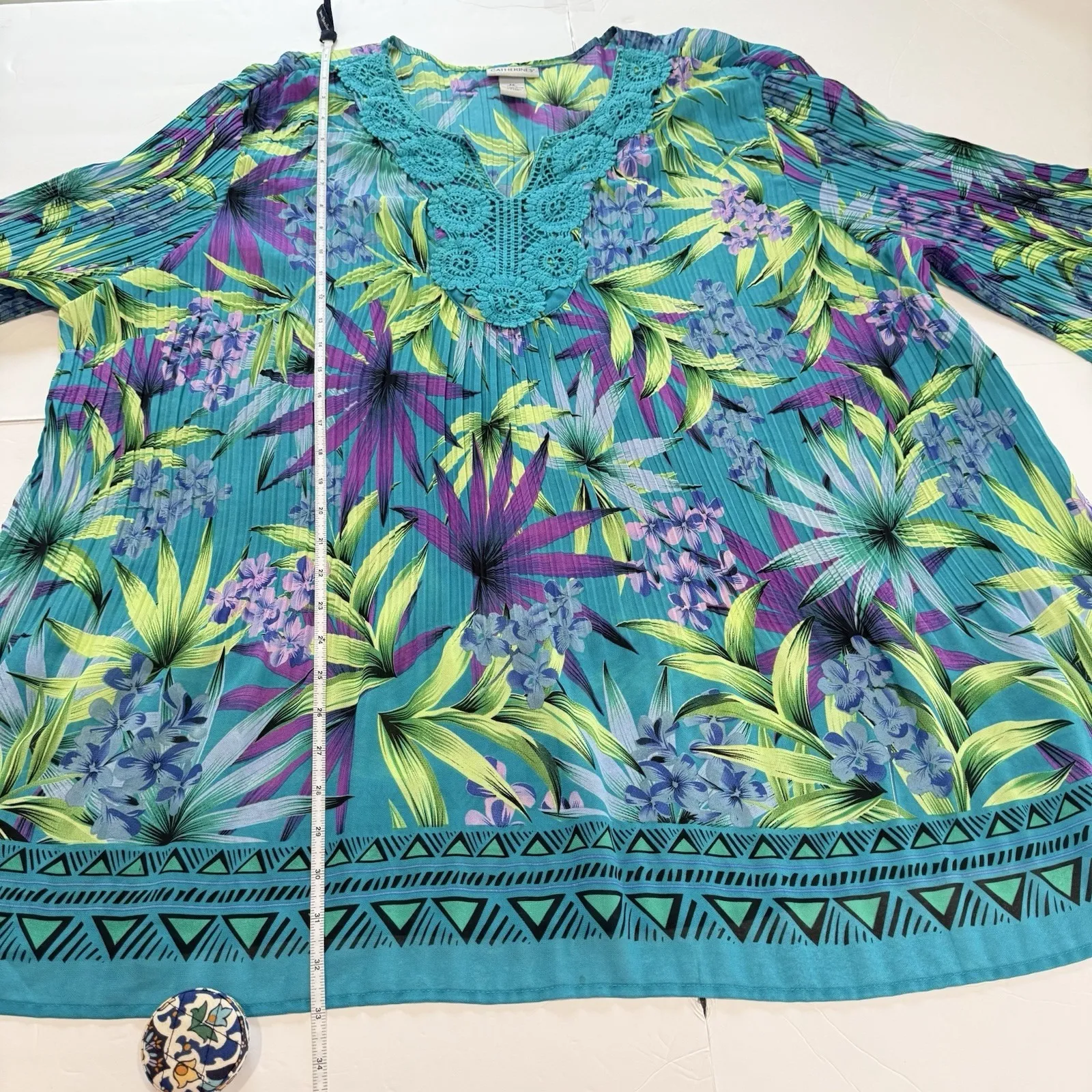 Catherines Teal Purple Floral Crinkle Pleated Crochet Georgette Blouse Size 4X - Image 9
