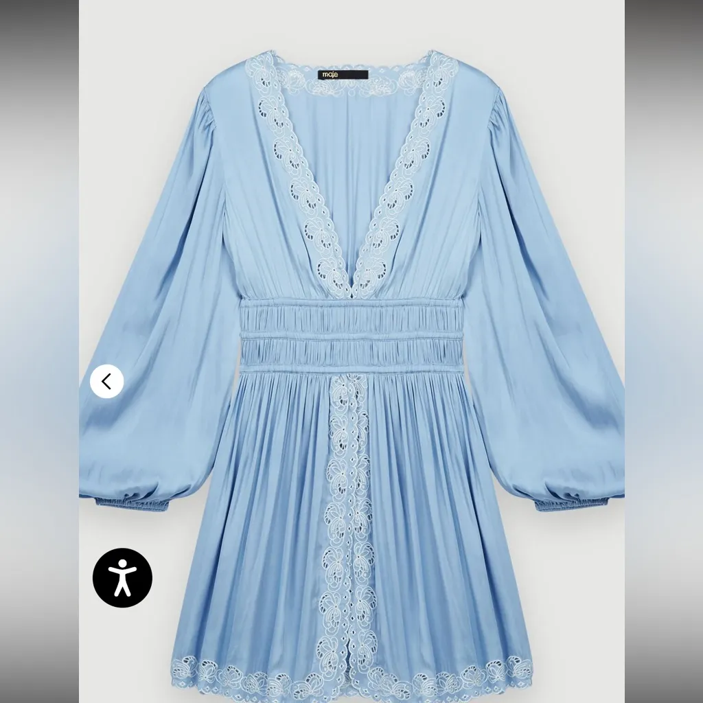 Maje Light Blue Dress with White Lace Detail Embroidered Satin - Image 3
