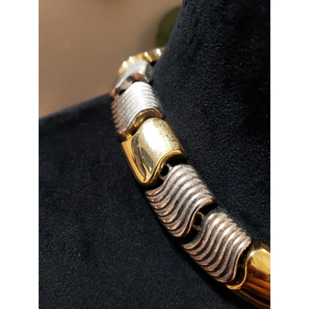 Women 2 Tone Textured Metals S Links Ribbed Choker Necklace Jewelry w/ Box Clasp Gold - Image 5