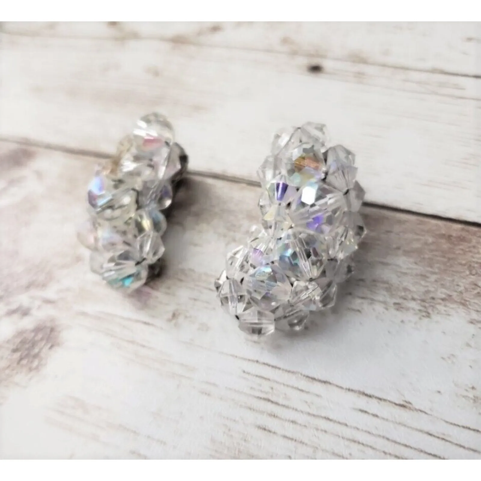 Vintage Clip On Earrings Large Iridescent Gem Kidney Shape - Image 2