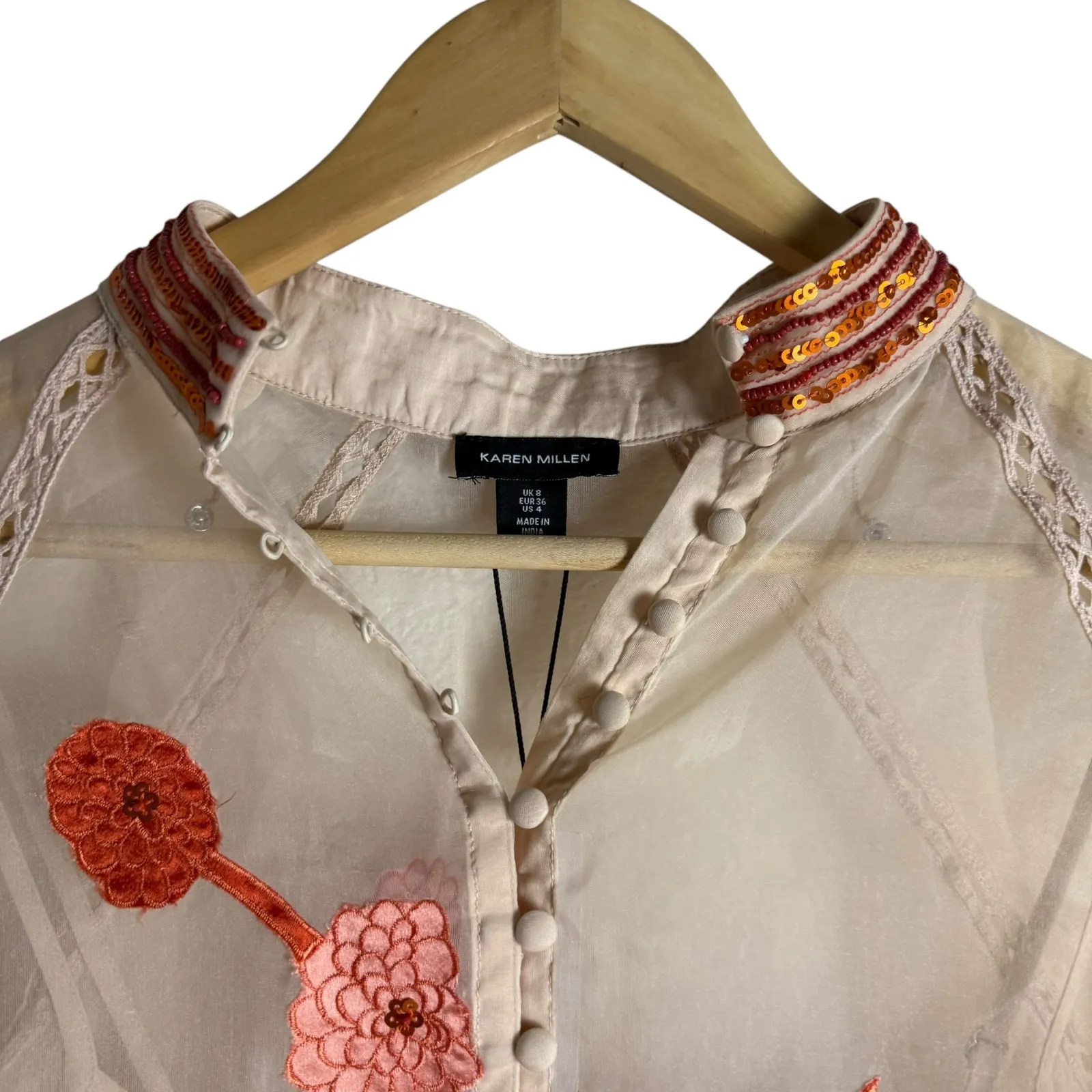 Karen Millen Organdie Applique Buttoned Sheer Long Sleeve Sequined Blouse 4 - Image 4