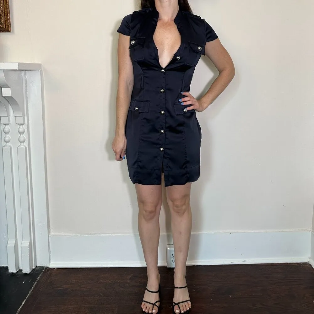 y2k Express Blue Satiny Button Up Utility Mini Dress Size 6 - Image 3