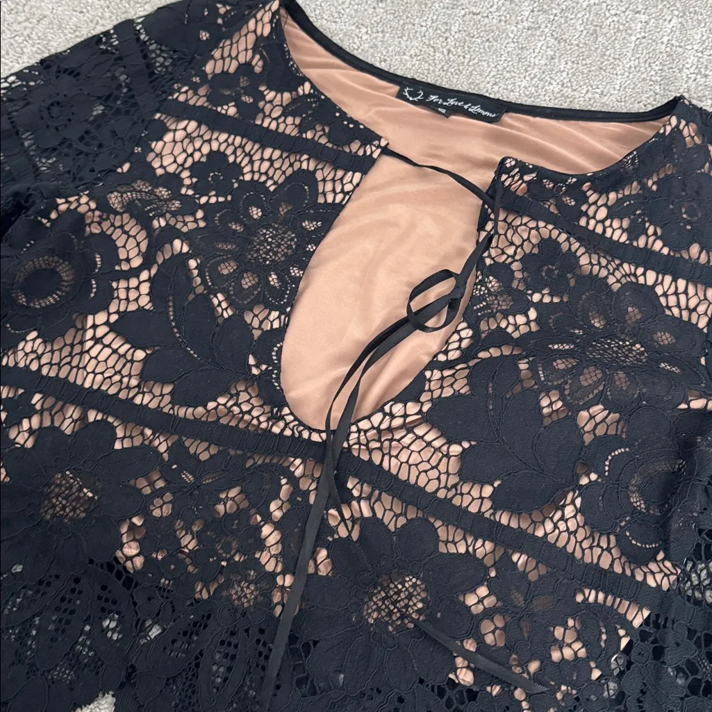 For Love & Lemons Gianna Black Floral Lace 3/4 Sleeve Cropped Top tie low cut - Image 3