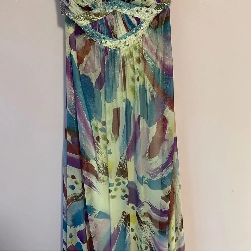 B Darlin Prom Dress Size 9 10 Halter Beaded Satin Maxi Purple Blue Chiffon - Image 4