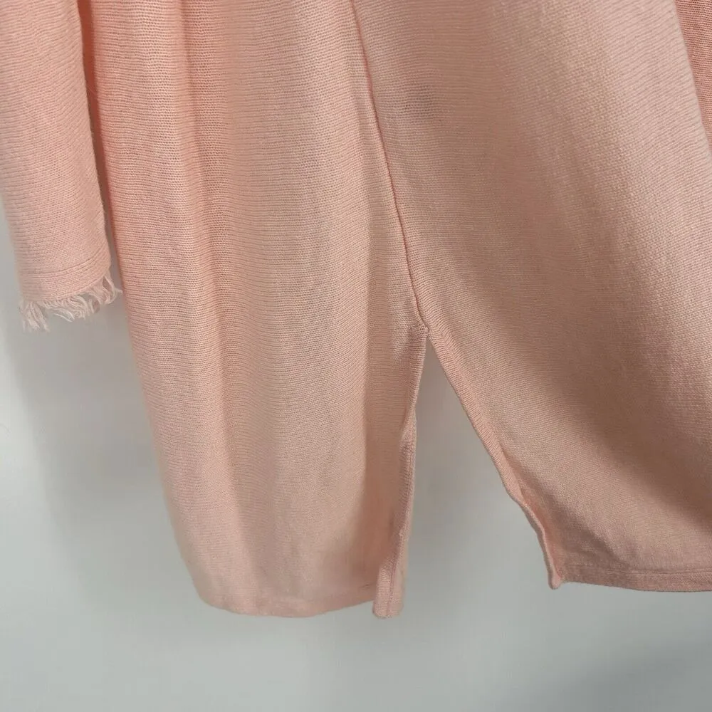 J Jill Linen Blend Open Front Cardigan Long Line Light Pink Fringe Sleeve Size L - Image 9