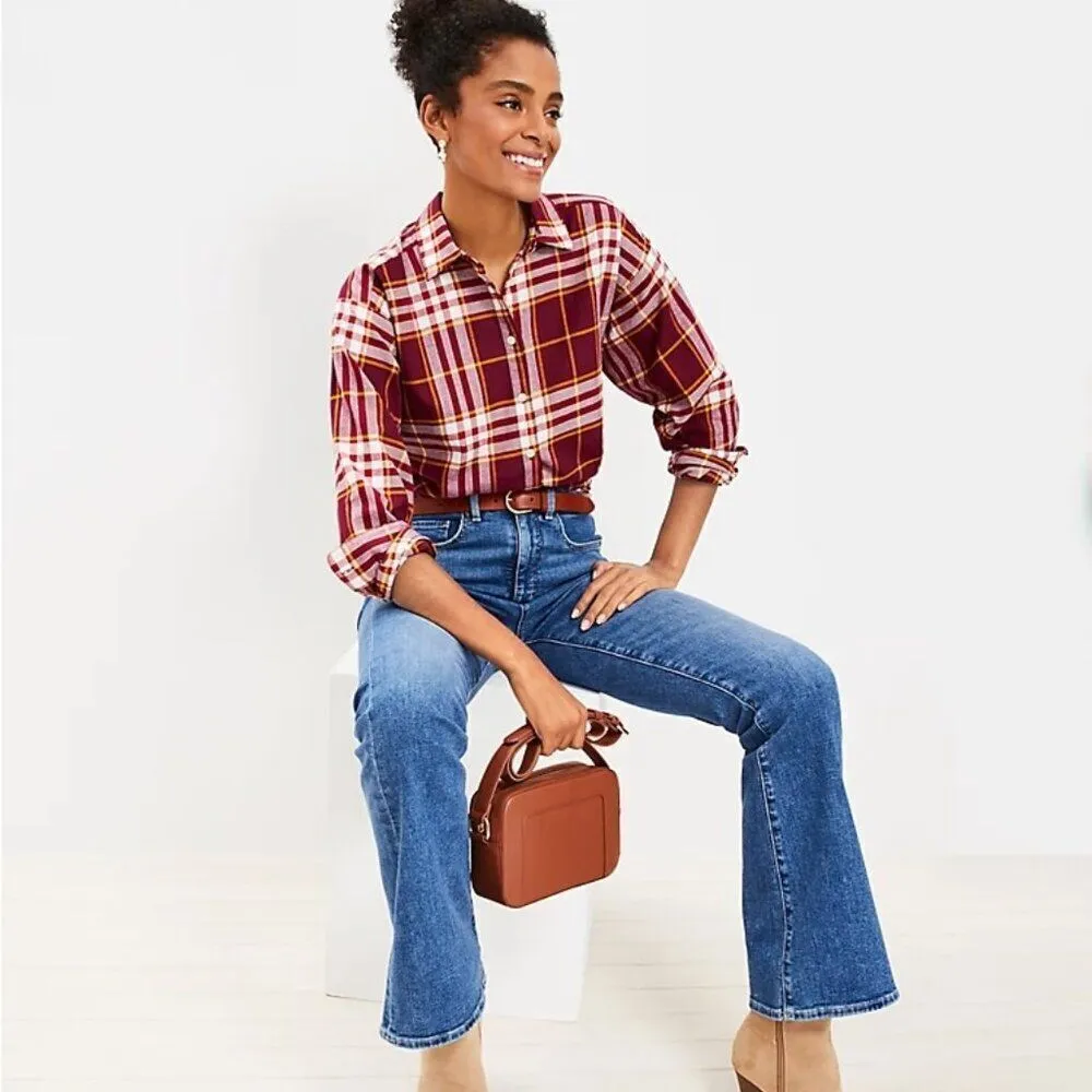 Loft Ann Taylor Plaid Flannel Oversized Everyday Shirt Women's Small‎ Burgundy - Image 3
