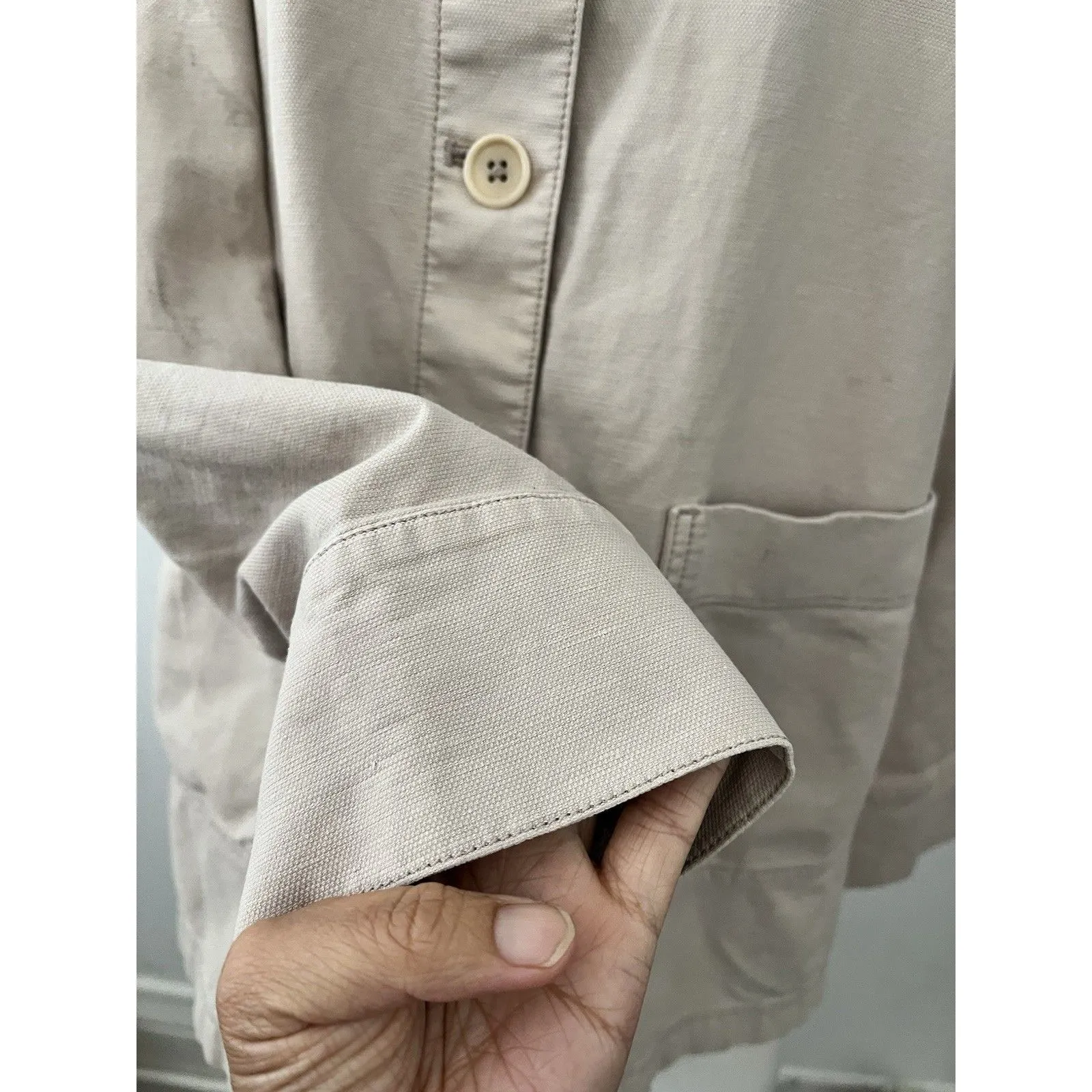 Eileen Fisher Khaki Organic Cotton Hemp Stretch Stand Jacket Size M Light Stains - Image 6