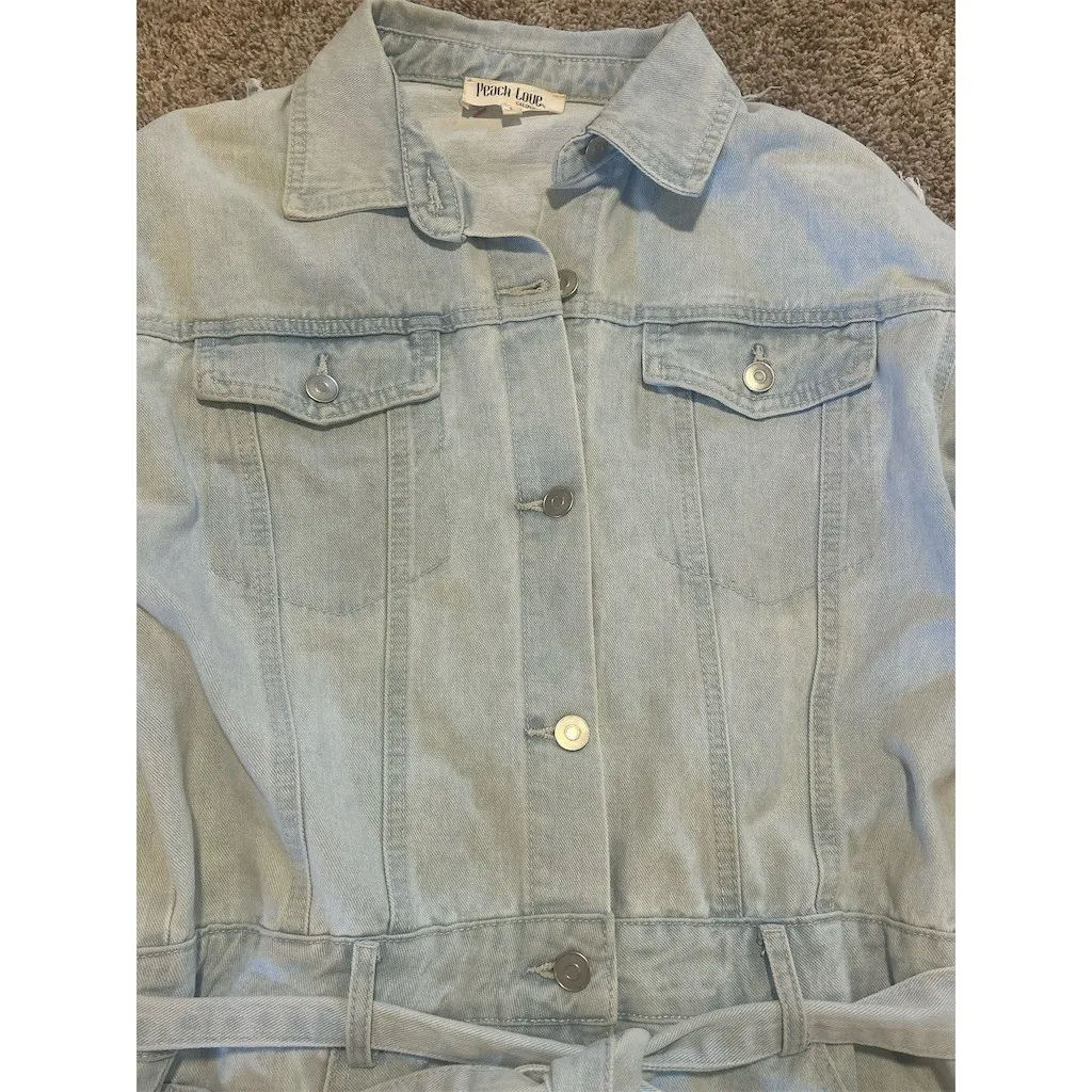Peach Love California Romper Womens S Blue Light Wash Denim Fringe Belted - Image 6