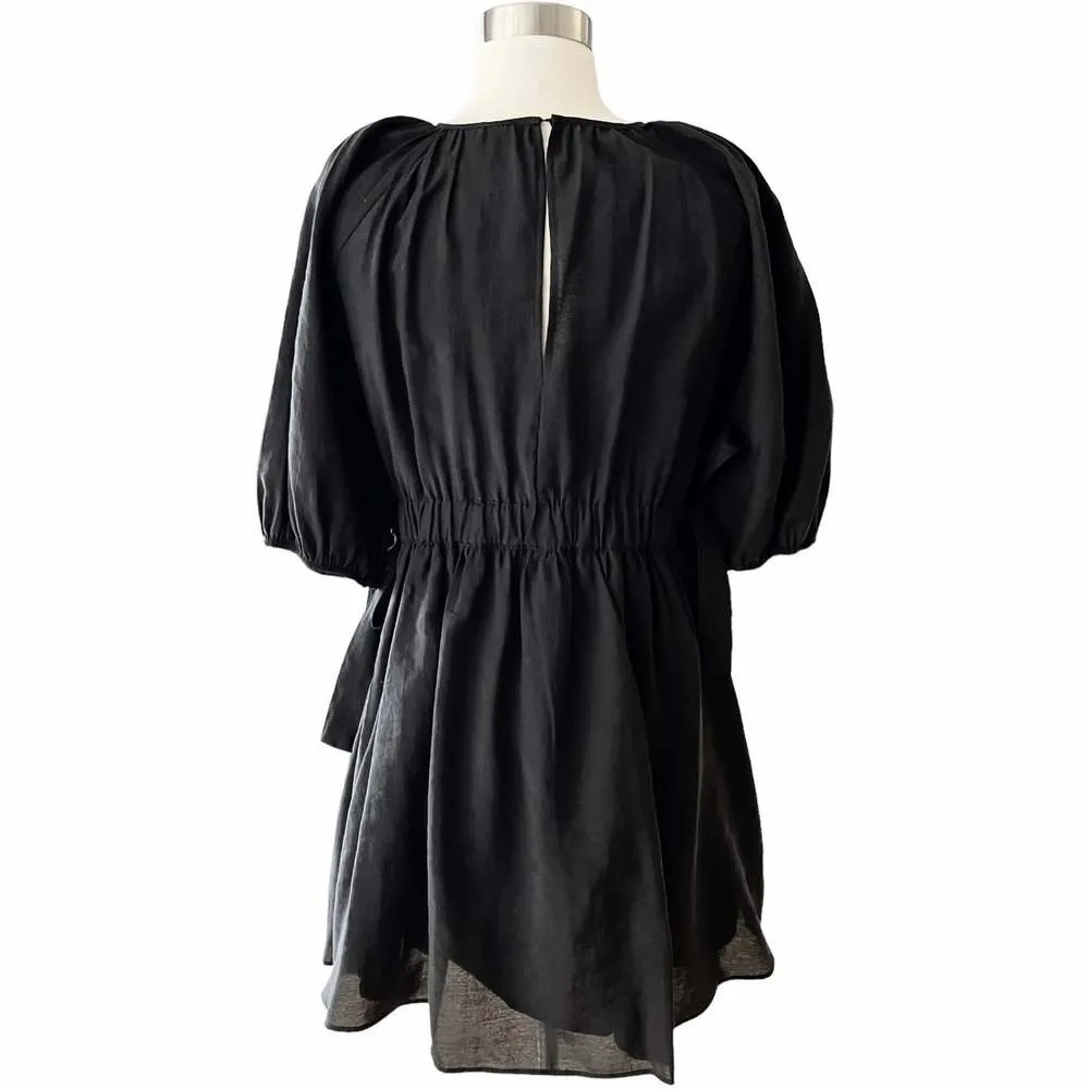 ZARA Cotton Black Mini Dress Balloon Half Sleeves Crew Neck Elastic Waist Medium - Image 3