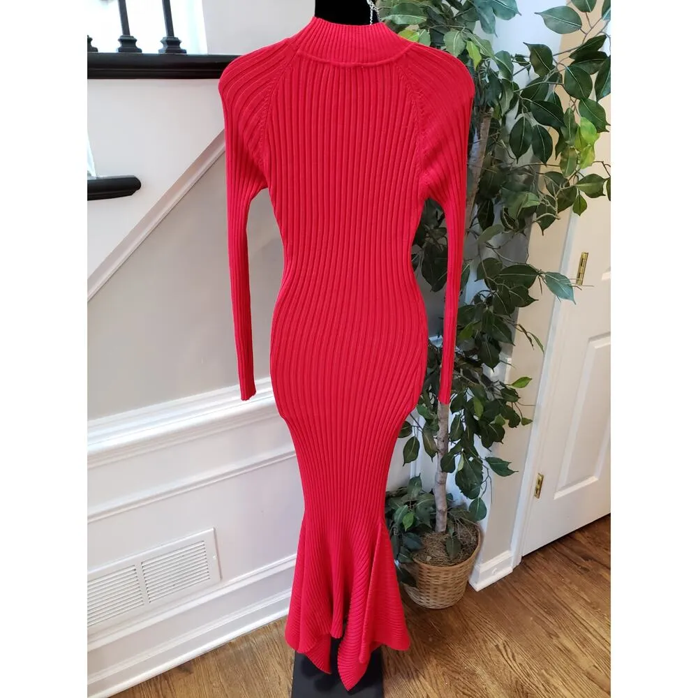 Swank A Posh Long Maxi Dress Womens Medium Red Knitted Long Sleeve Mock Neck - Image 4