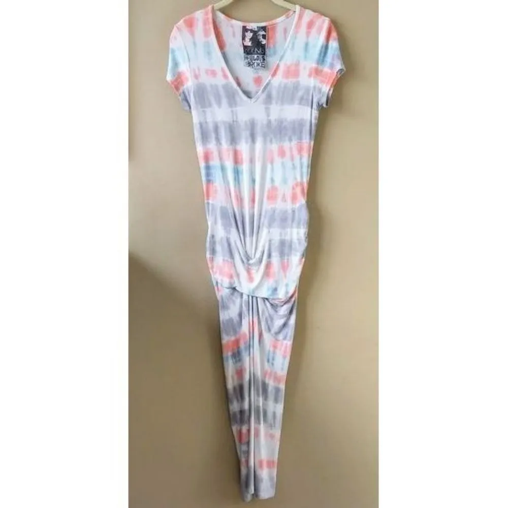 Young Fabulous Broke Araya Midi Dress V-Neck Tie-Dye Ruched Shirred Gathered S - Image 3