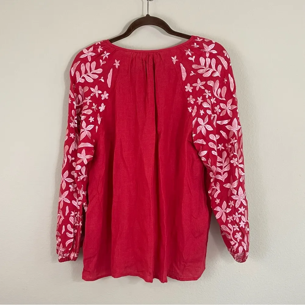 MERSEA Red Linen‎ Embroidered Sleeves Tie Neck Popover Top NWT Size Small - Image 6