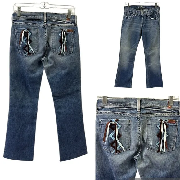 7 for all Mankind Justine Bootcut with Laced Ribbon Accent Pockets Blue Jeans 27 - Image 2