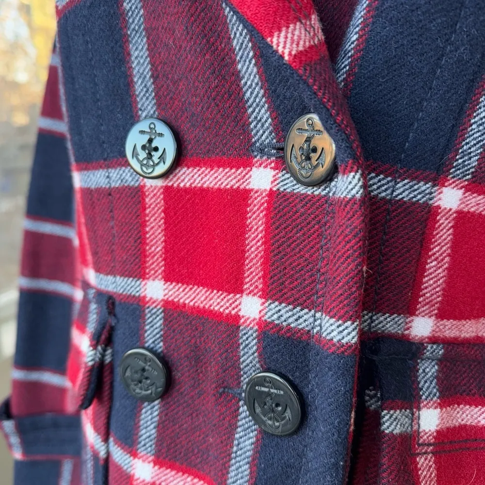 Vintage American Eagle Red Navy Blue Plaid Wool Peacoat Nautical Jacket Sz S - Image 5