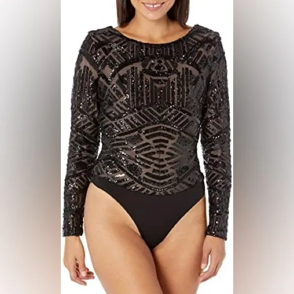 Dress the Population Leia Bodysuit Top Black Sequin Black & Nude Size XS - Image 3