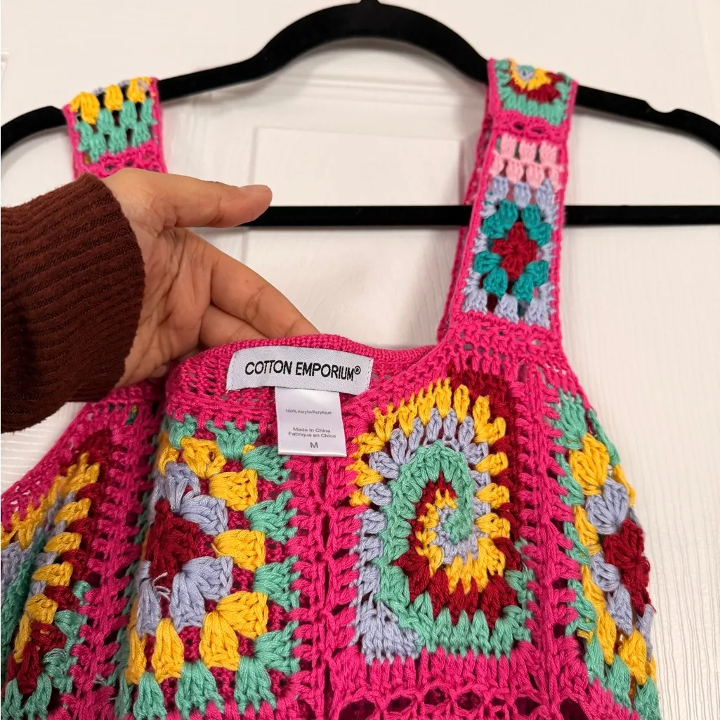 Cotton Emporium Crochet Fuscia Pink Multicolor Sleeveless Dress Beach Vacation - Image 5