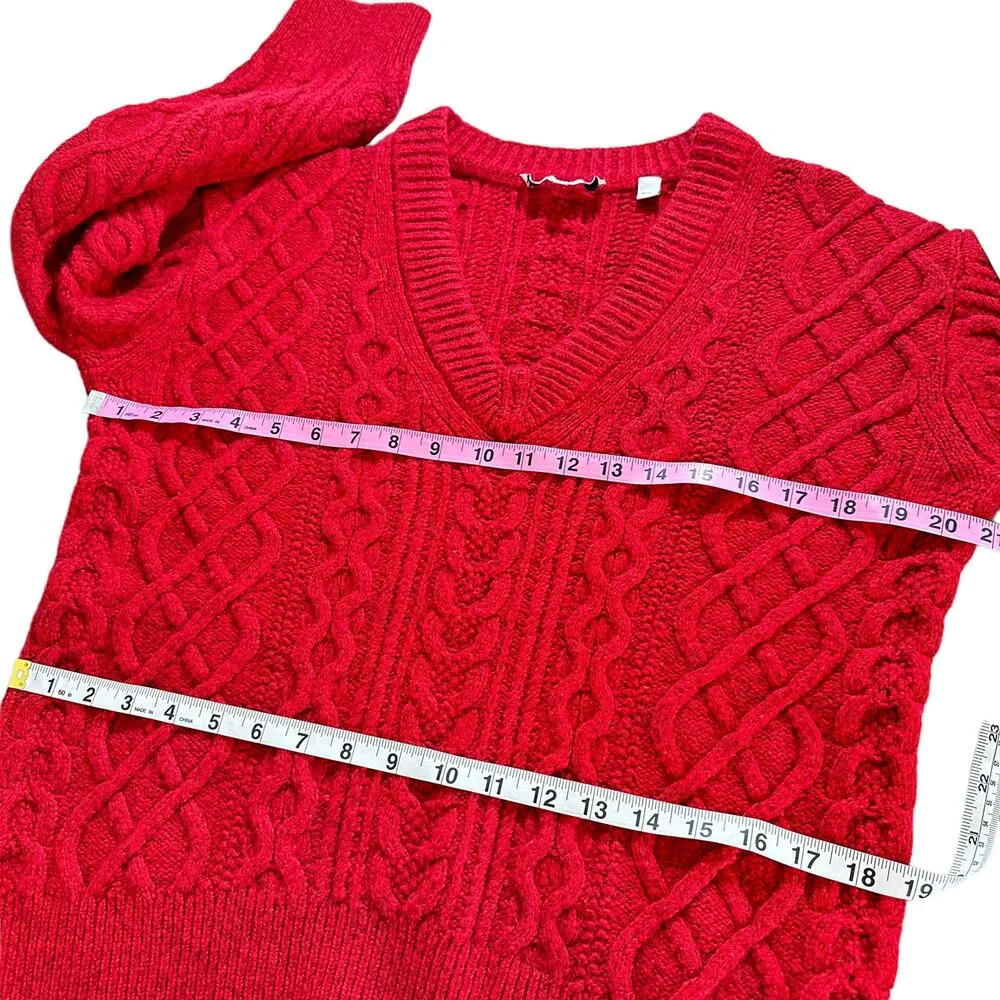 Vince Merino Wool Cashmere Blend Cable Knit V Neck Sweater In Cherry Red Small - Image 12