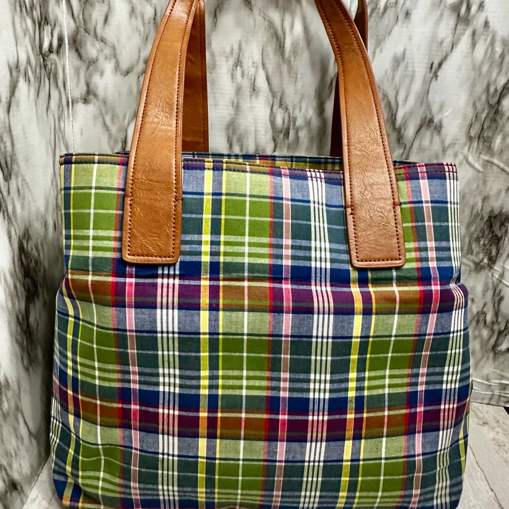 Tommy Hilfiger Green Blue Plaid Tote Preppy Nautical Checked Classic Belt Detail - Image 11