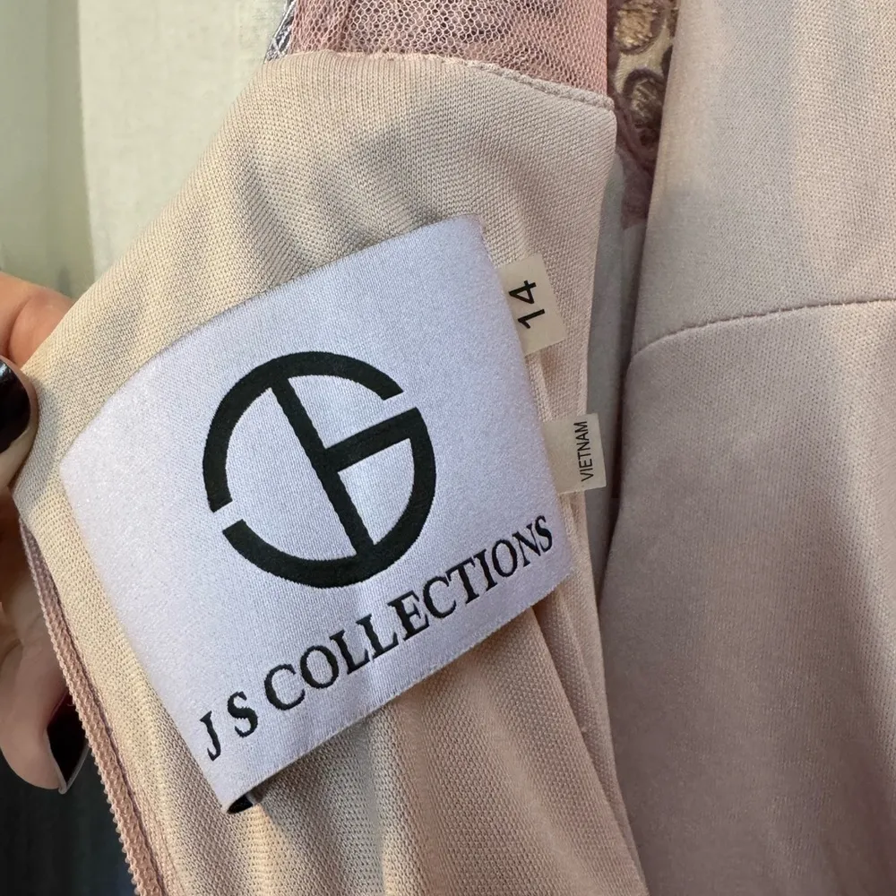 JS Collections Pink and Silver Embroidered Floral Lace Short Sleeve A-line Gown - Image 3