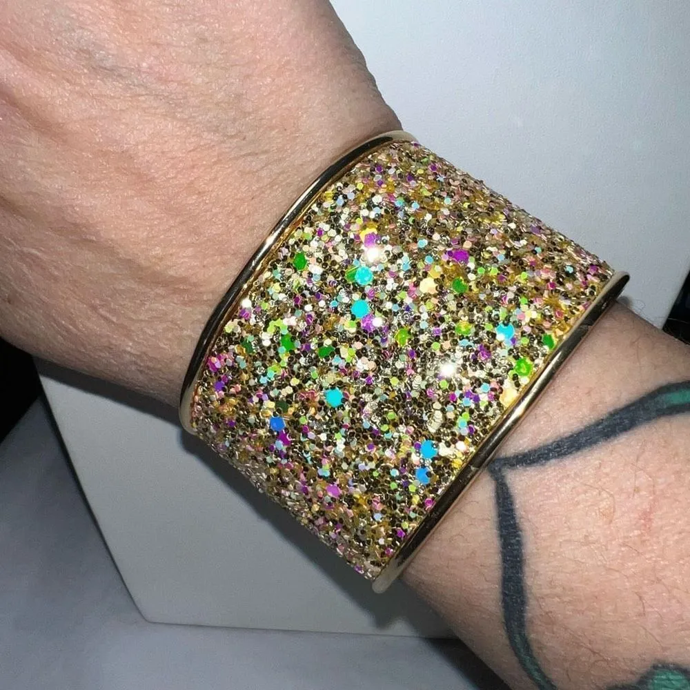 Gold Tone Large Chunky Iridescent Sparkle Cuff Bracelet - Image 2