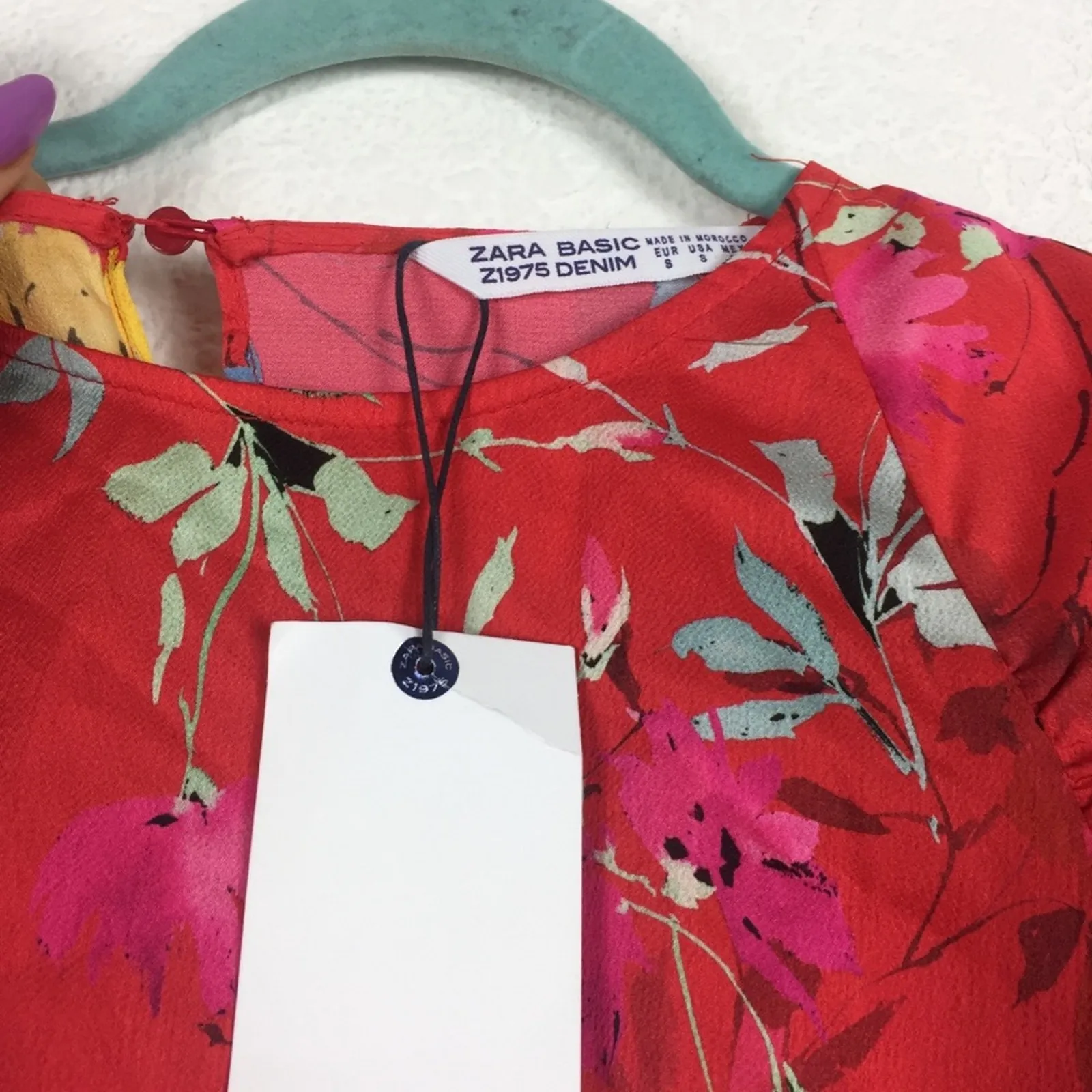 NWT Zara Satin Romper Small Red Japanese Floral Ruffle Puff Sleeve Ruched - Image 5