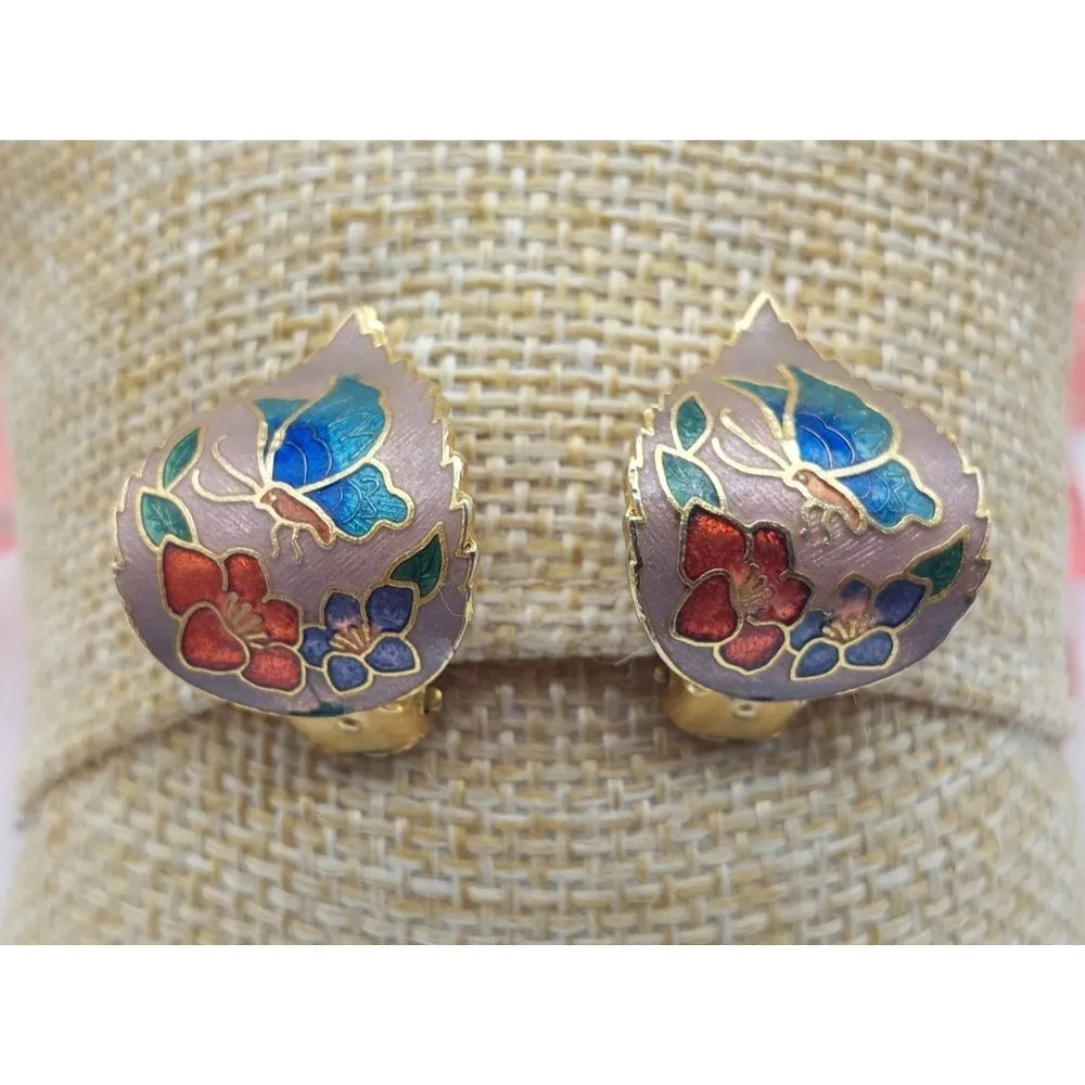 Vintage Leaf Clip On Cloisonne Earrings Gold Tone Purple Floral Butterflies .75" - Image 2