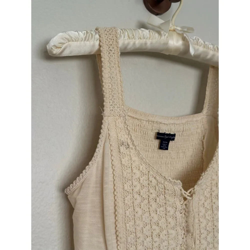 Cute American Eagle CS Boho Chic Cream Knit Crochet Smocked Tank Top Corset Size XS - Image 3