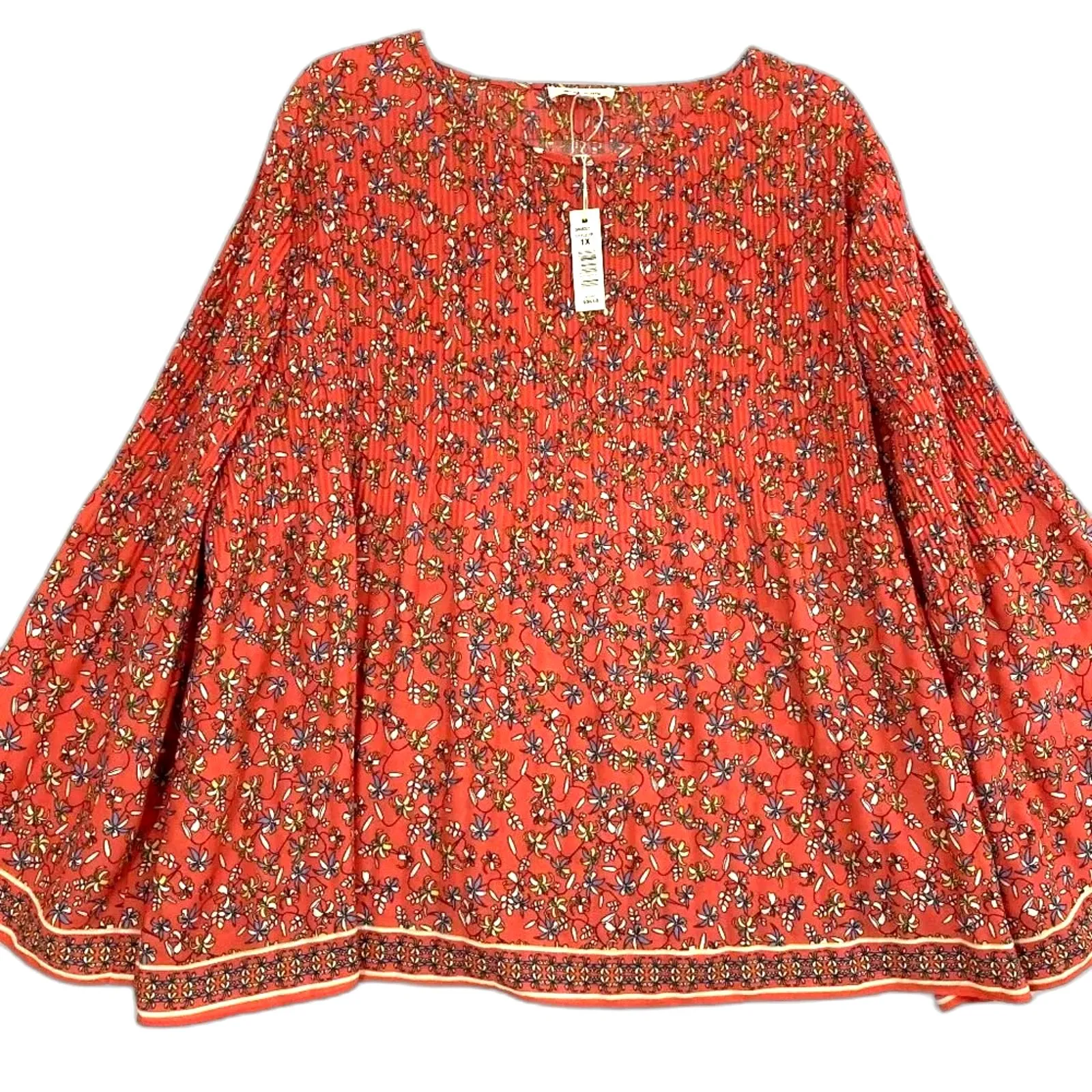 New Max Studio Red Ditsy Floral Flare Sleeve Pleated Boho Feminine Top 1X NWT - Image 2
