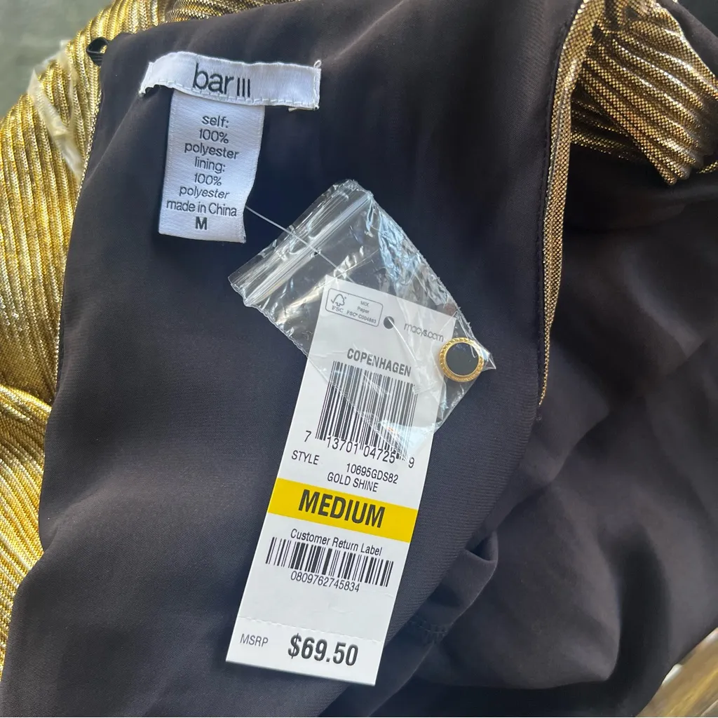 Bar III Copenhagen Gold Metallic Pleated Layered Sheath Mini Dress NWT M - Image 12