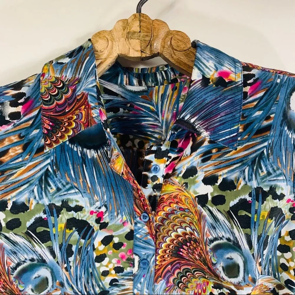 Silky Peacock Blouse Sz Medium Bright Pattern Feathers Blue - Image 3