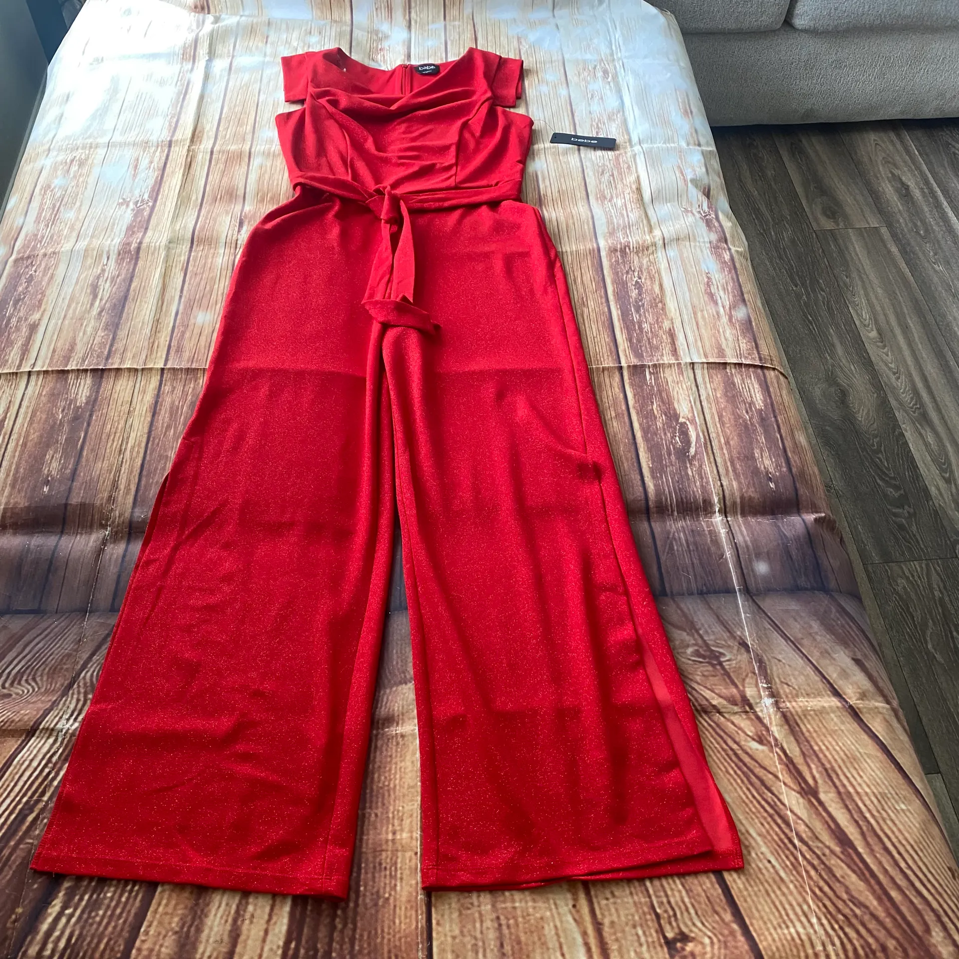 Women Asymmetrical Cowl-Neck Cap Sleeve Shimmer Red Jumpsuit Wide Leg Sz 10 - Image 5