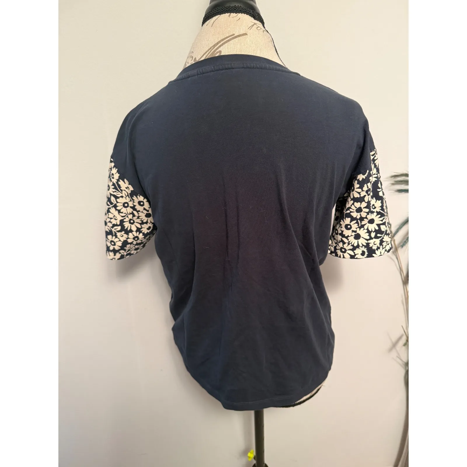 Naf Naf Paris T Shirt Women Size S Blue Floral Sleeve Graphic Tee - Image 3