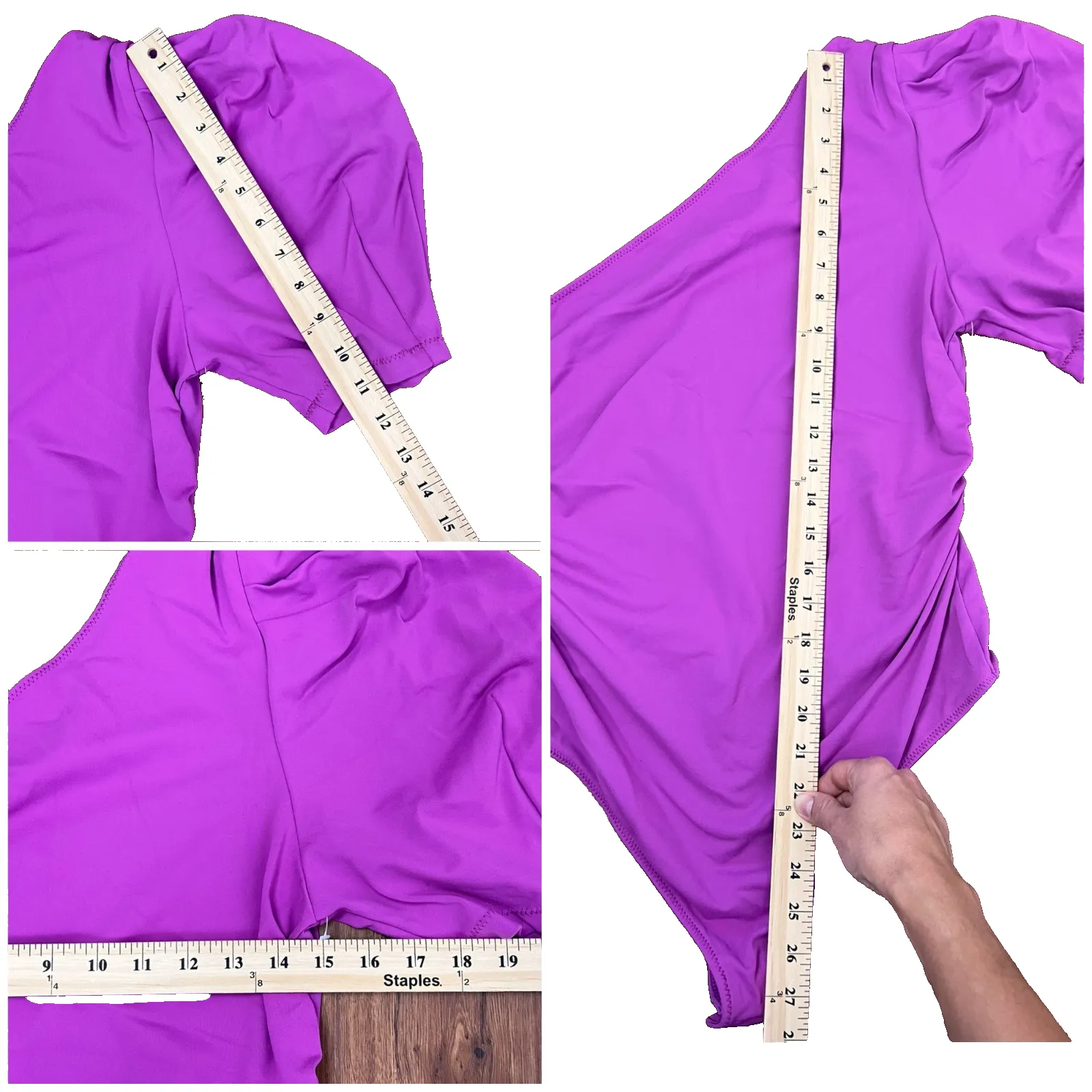 Free People One Shoulder Puff Sleeve L Bodysuit Magenta Ruched Side Stretchy - Image 7