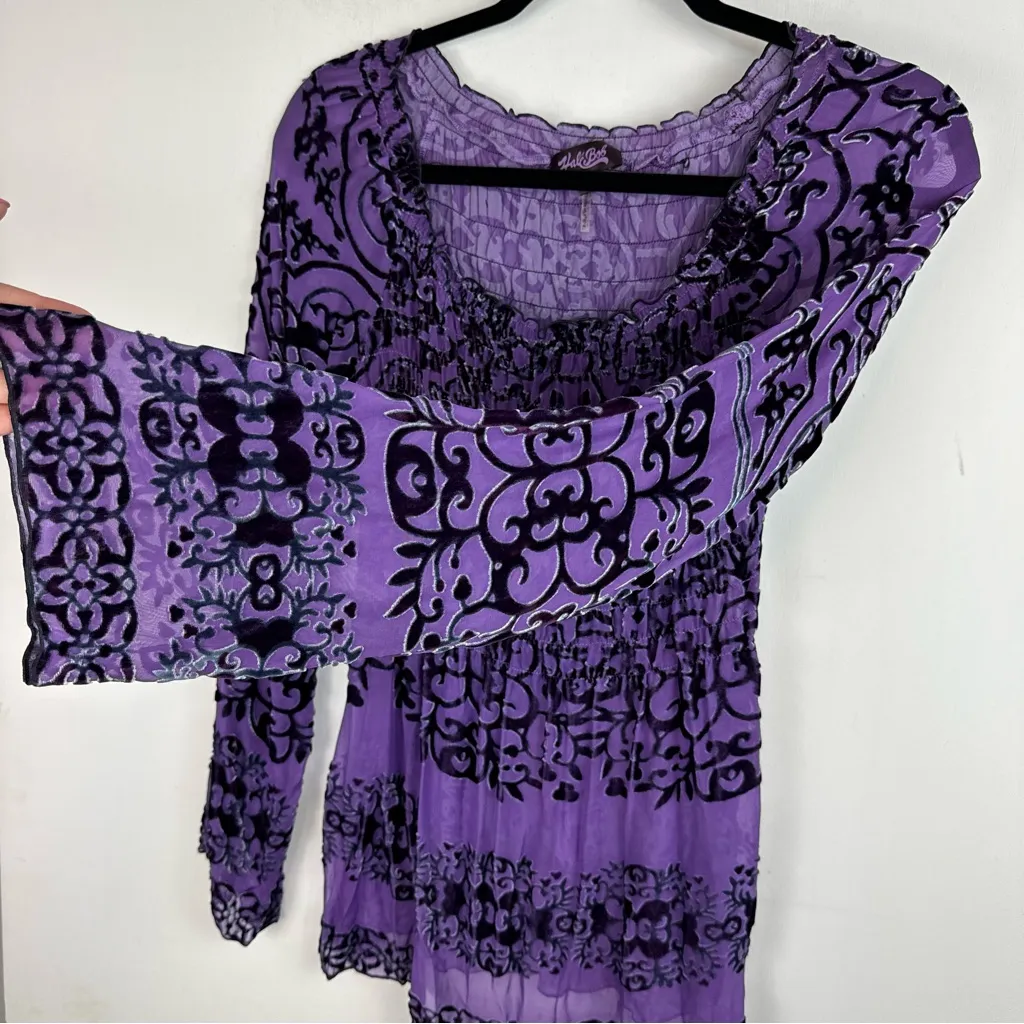 Hale Bob Velvet Burnout Top Sz XS Long Sleeve Ruched Purple Black Floral - Image 10